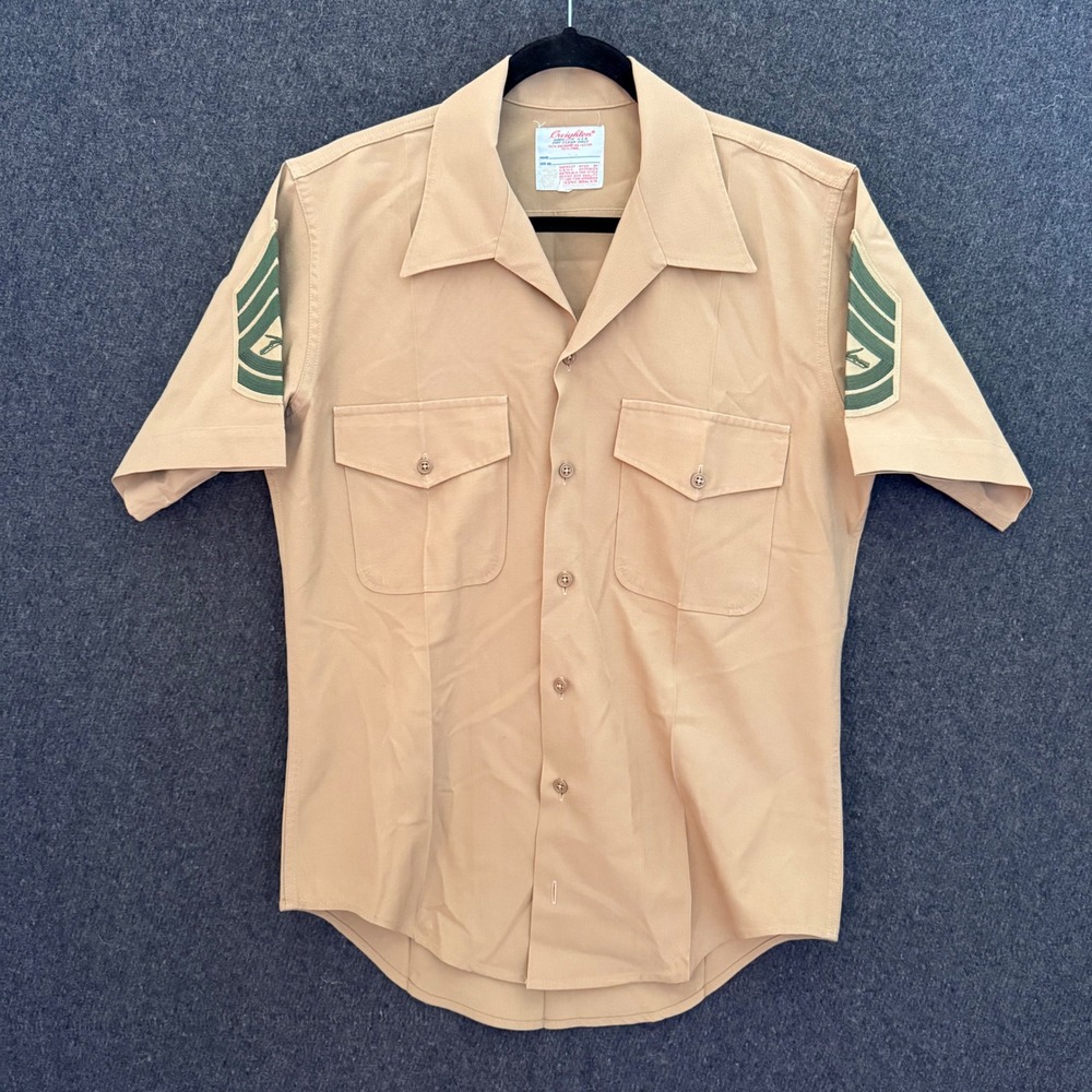 Creighton USMC Khaki Short Sleeve Uniform Shirt Wool Blend Rank Patches USA Made